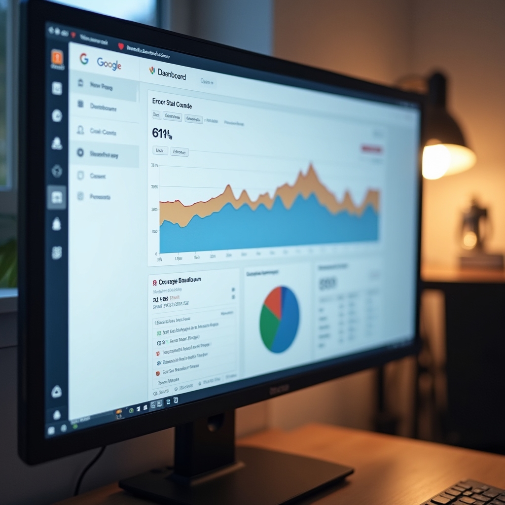 Search console monitoring dashboard on screen showing indexing coverage and crawl status data