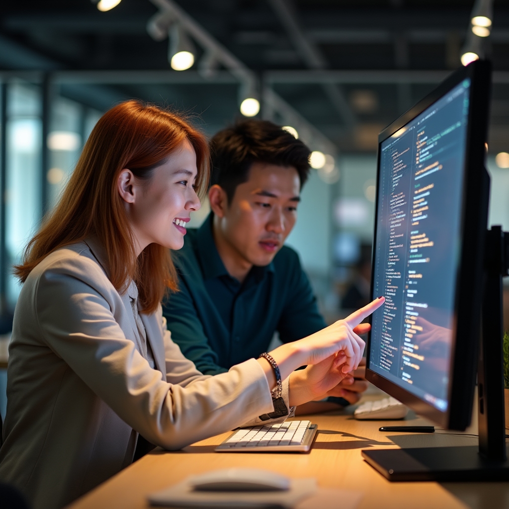 Two SEO professionals reviewing and resolving migration issues together on shared monitor in collaborative workspace