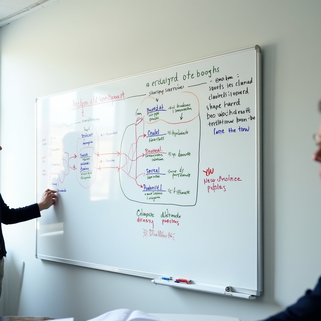 Visual diagram of redirect architecture showing URL path flows and redirect chain consolidation on whiteboard
