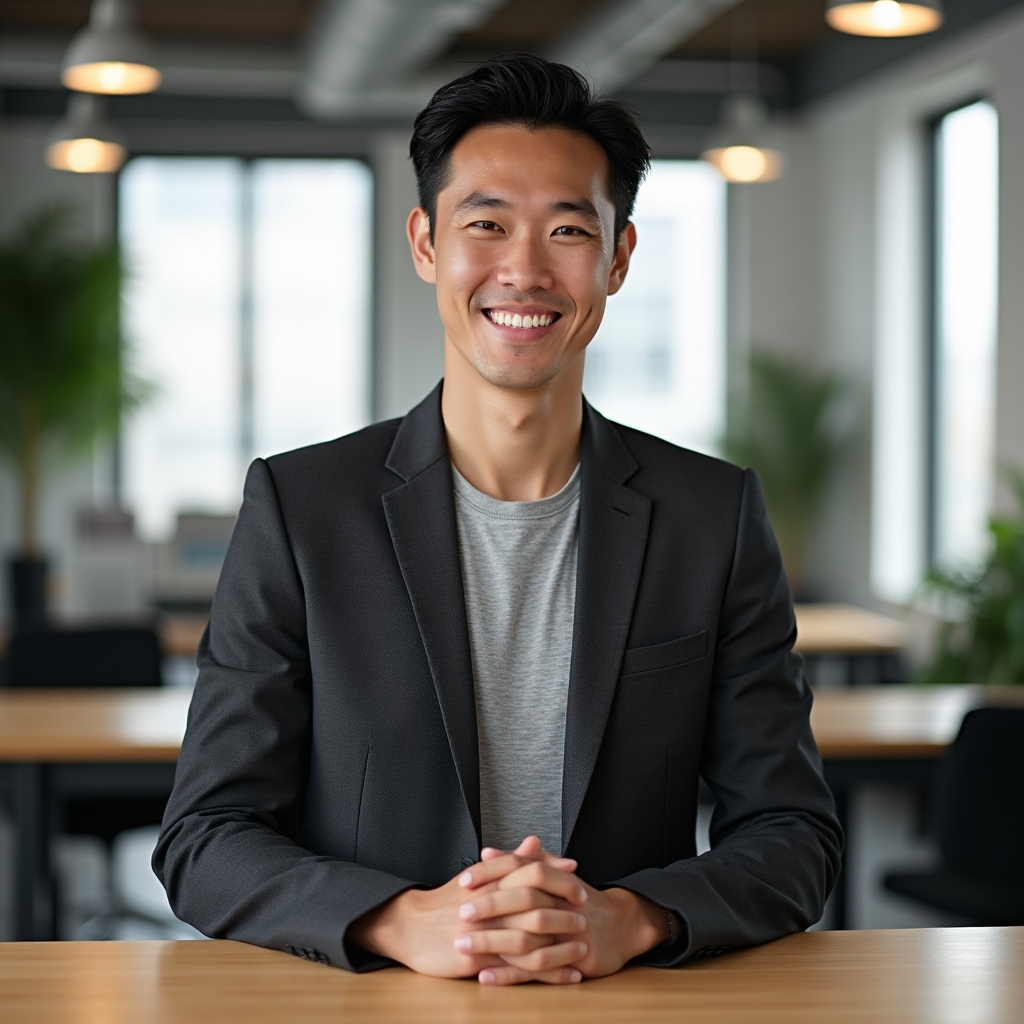 Migration lead Marcus Chen, mid-30s, smiling confidently in casual blazer at standing desk