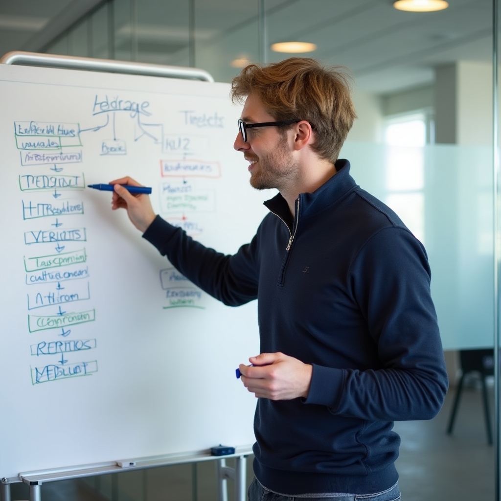 Redirect mapping specialist Jordan Ellis, early 30s, standing at whiteboard mapping URL structure diagram, smart casual attire