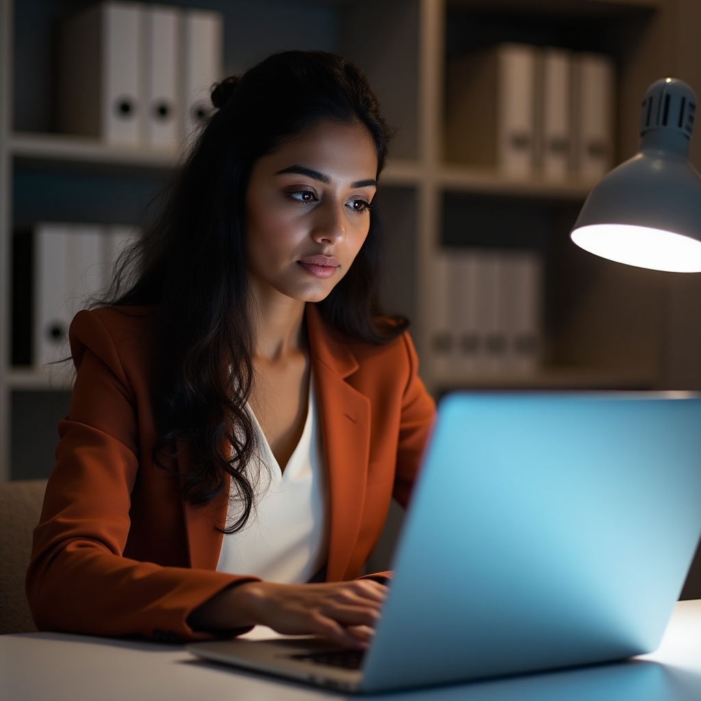 Technical SEO analyst Priya Nair, late 20s, focused expression, reviewing data on laptop in bright modern office